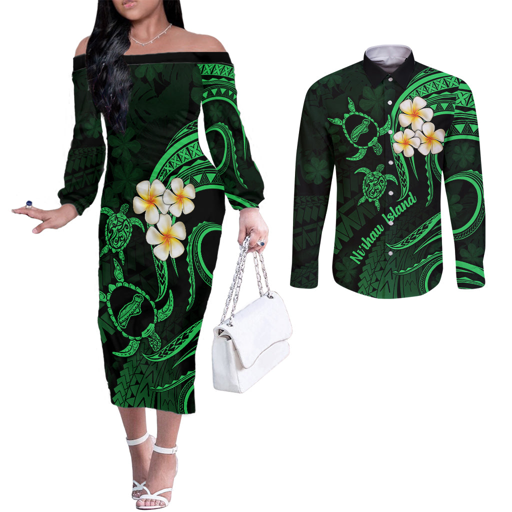 Hawaii Couples Off The Shoulder Long Sleeve Dress and Long Sleeve Button Shirts Niihau Islands Polynesian Sunset Plumeria Green Vibe LT9 Green - Polynesian Pride