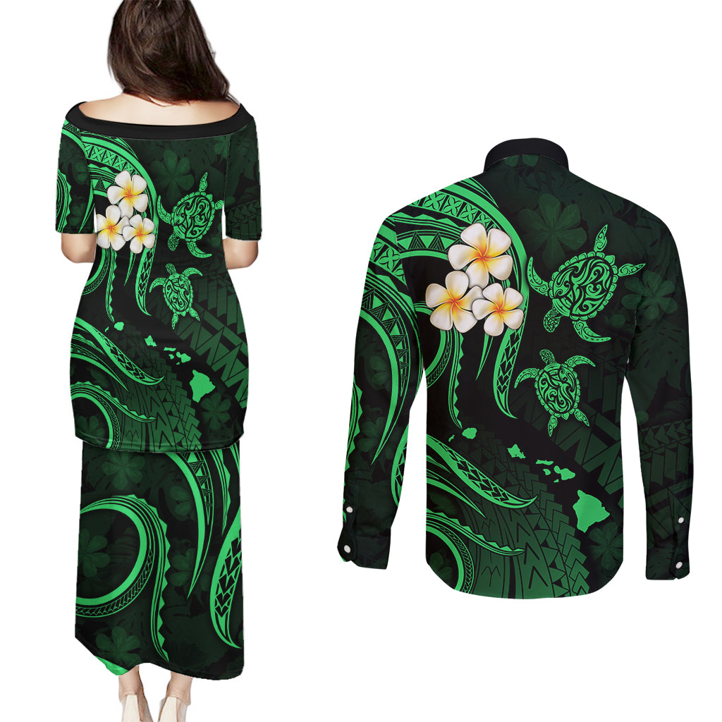Hawaii Couples Puletasi Dress and Long Sleeve Button Shirts Niihau Islands Polynesian Sunset Plumeria Green Vibe LT9 - Polynesian Pride