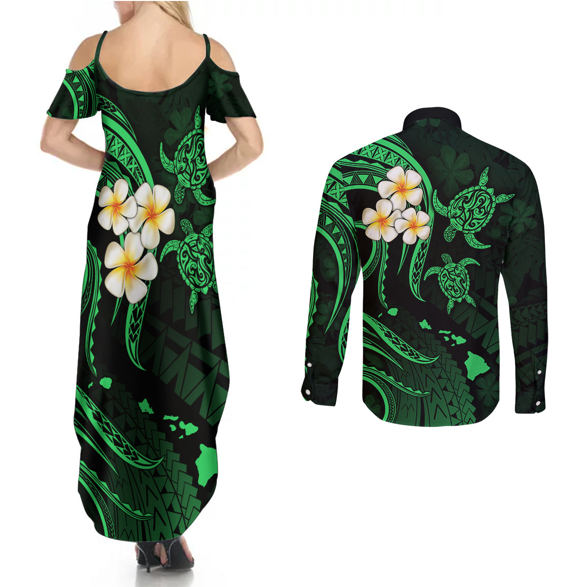 Hawaii Couples Summer Maxi Dress and Long Sleeve Button Shirts Niihau Islands Polynesian Sunset Plumeria Green Vibe LT9 - Polynesian Pride
