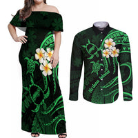 Hawaii Couples Off Shoulder Maxi Dress and Long Sleeve Button Shirts Niihau Islands Polynesian Sunset Plumeria Green Vibe LT9 Green - Polynesian Pride
