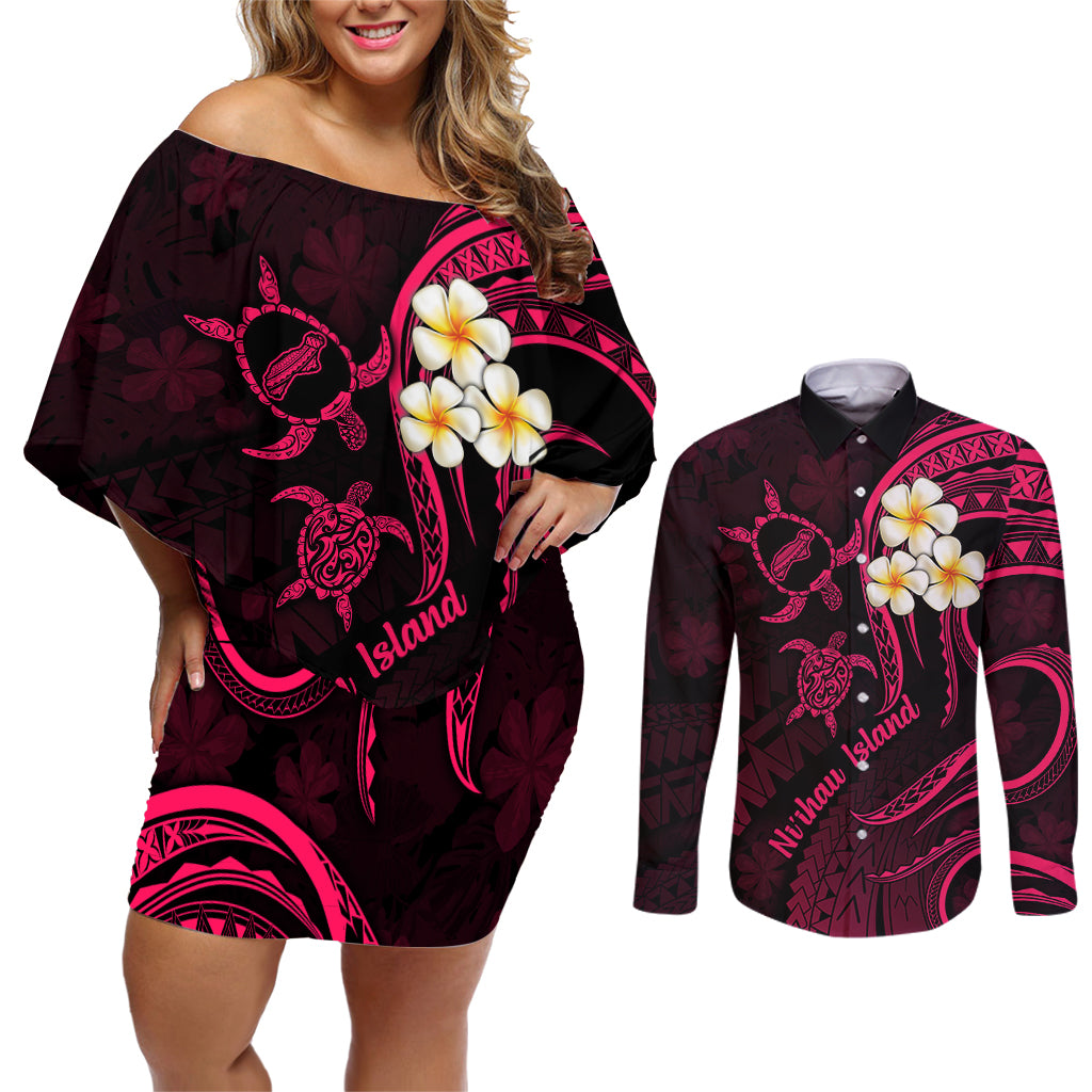 Hawaii Couples Off Shoulder Short Dress and Long Sleeve Button Shirts Niihau Islands Polynesian Sunset Plumeria Pink Vibe LT9 Pink - Polynesian Pride
