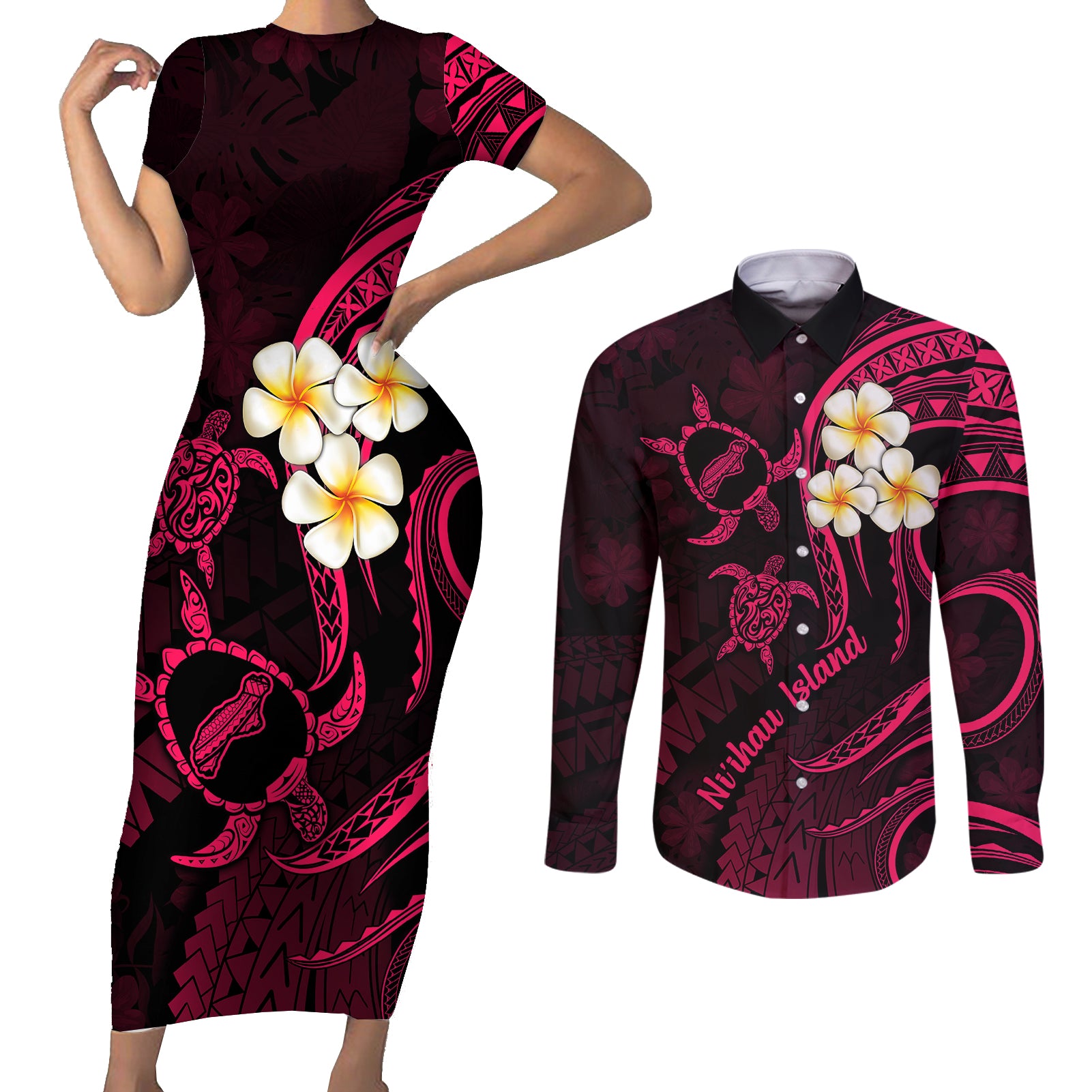 Hawaii Couples Short Sleeve Bodycon Dress and Long Sleeve Button Shirts Niihau Islands Polynesian Sunset Plumeria Pink Vibe LT9 Pink - Polynesian Pride