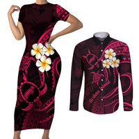 Hawaii Couples Short Sleeve Bodycon Dress and Long Sleeve Button Shirts Niihau Islands Polynesian Sunset Plumeria Pink Vibe LT9 Pink - Polynesian Pride