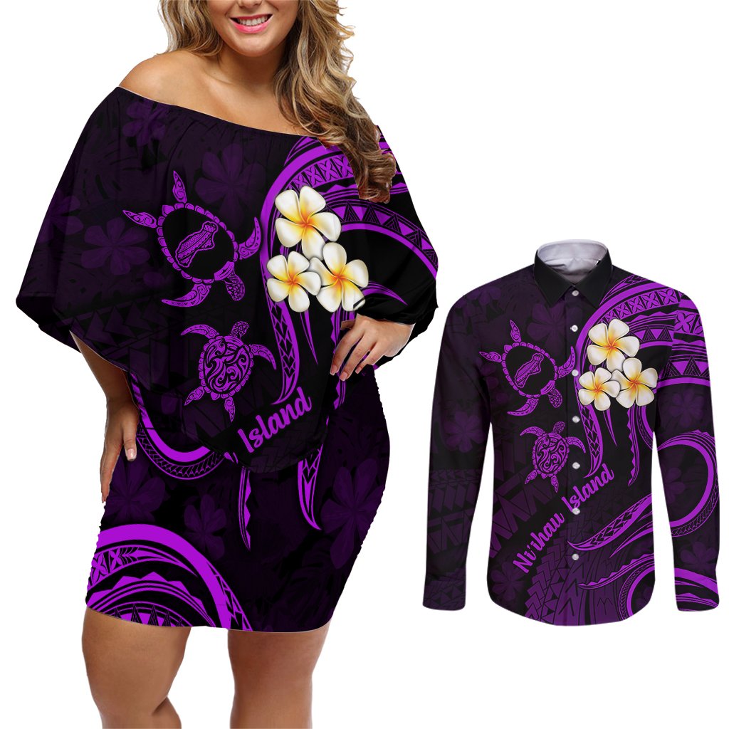 Polynesian Hawaii Couples Off Shoulder Short Dress and Long Sleeve Button Shirts Niihau Islands with Pacific Plumeria Purple Vibe LT9 Purple - Polynesian Pride