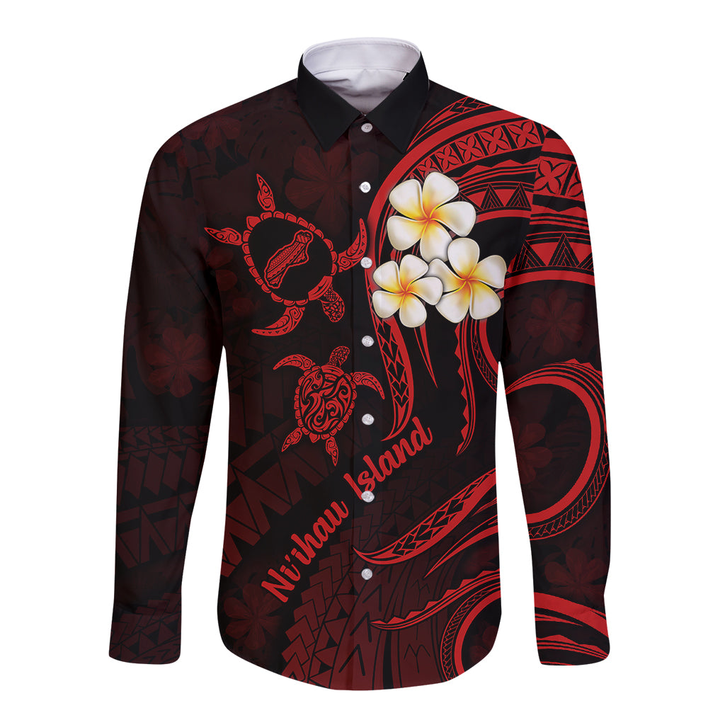 Polynesian Hawaii Long Sleeve Button Shirt Niihau Islands with Pacific Plumeria Red Vibe LT9 Unisex Red - Polynesian Pride