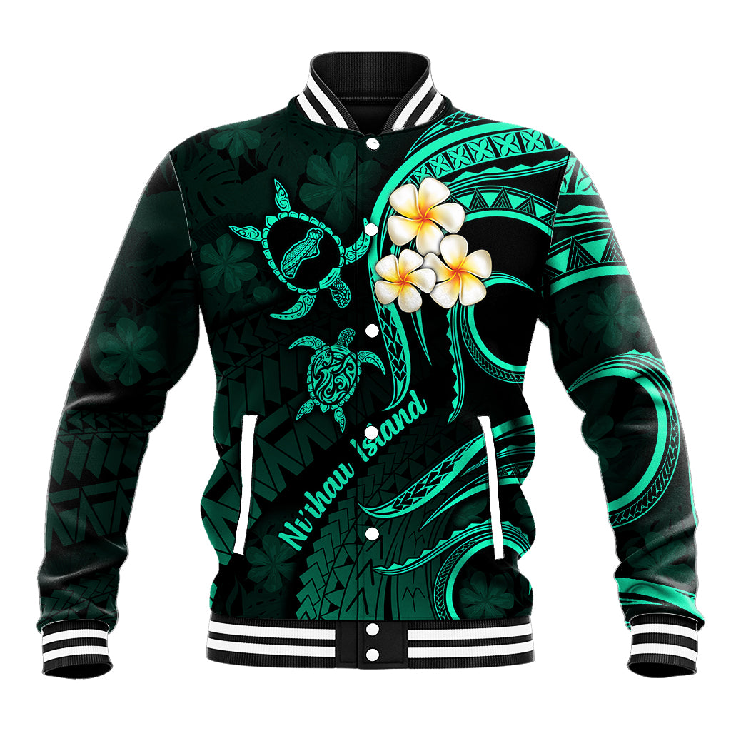 Polynesian Hawaii Baseball Jacket Niihau Islands with Pacific Plumeria Turquoise Vibe LT9 Unisex Turquoise - Polynesian Pride