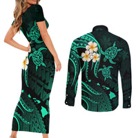 Polynesian Hawaii Couples Short Sleeve Bodycon Dress and Long Sleeve Button Shirts Niihau Islands with Pacific Plumeria Turquoise Vibe LT9 - Polynesian Pride
