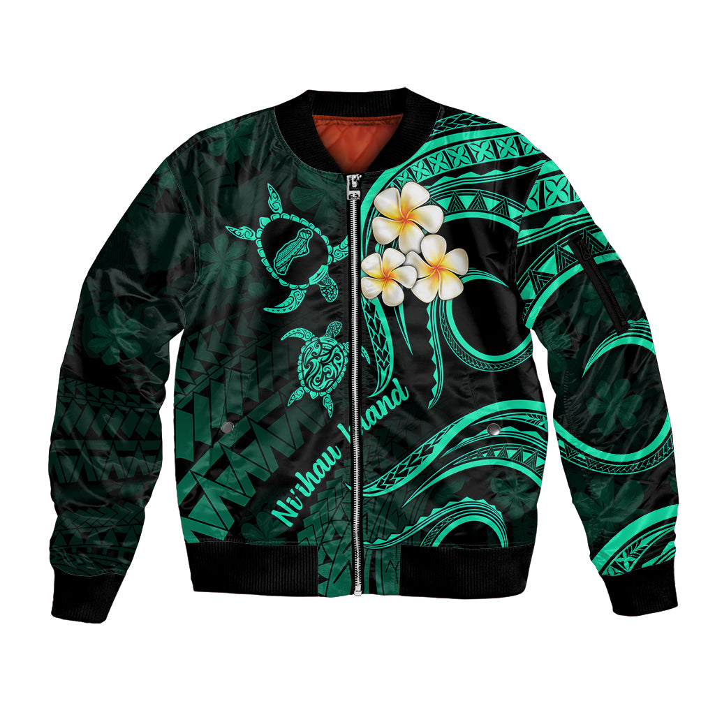 Polynesian Hawaii Sleeve Zip Bomber Jacket Niihau Islands with Pacific Plumeria Turquoise Vibe LT9 Unisex Turquoise - Polynesian Pride