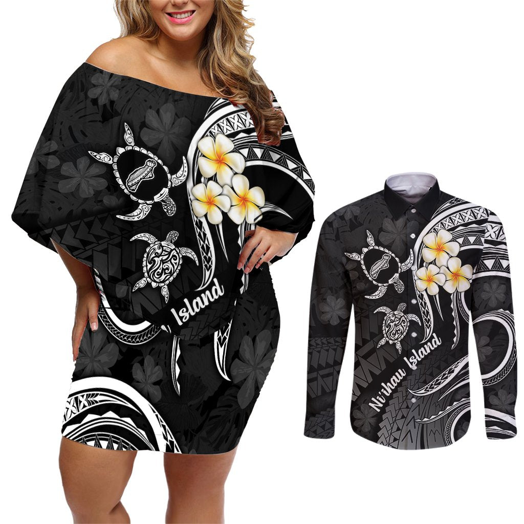Polynesian Hawaii Couples Off Shoulder Short Dress and Long Sleeve Button Shirts Niihau Islands with Pacific Plumeria White Vibe LT9 White - Polynesian Pride
