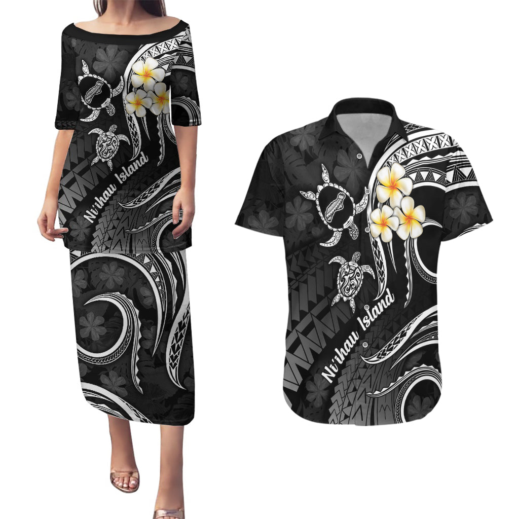 Polynesian Hawaii Couples Puletasi Dress and Hawaiian Shirt Niihau Islands with Pacific Plumeria White Vibe LT9 White - Polynesian Pride