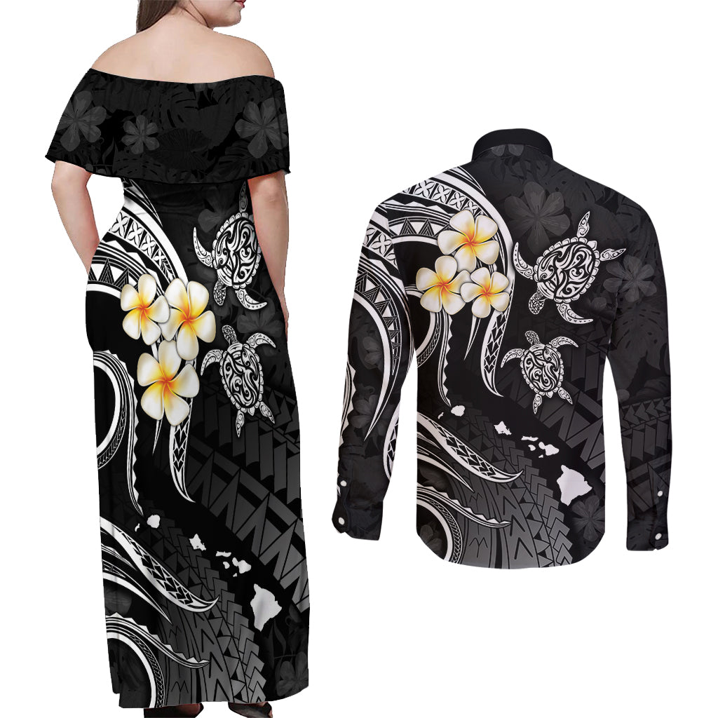 Polynesian Hawaii Couples Off Shoulder Maxi Dress and Long Sleeve Button Shirts Niihau Islands with Pacific Plumeria White Vibe LT9 - Polynesian Pride