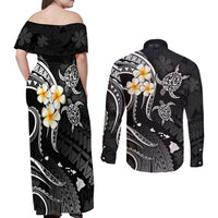 Polynesian Hawaii Couples Off Shoulder Maxi Dress and Long Sleeve Button Shirts Niihau Islands with Pacific Plumeria White Vibe LT9 - Polynesian Pride