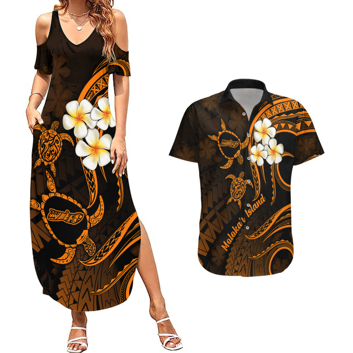 Hawaii Couples Summer Maxi Dress and Hawaiian Shirt Molokai Islands Polynesian Sunset Plumeria Gold Vibe LT9 Gold - Polynesian Pride
