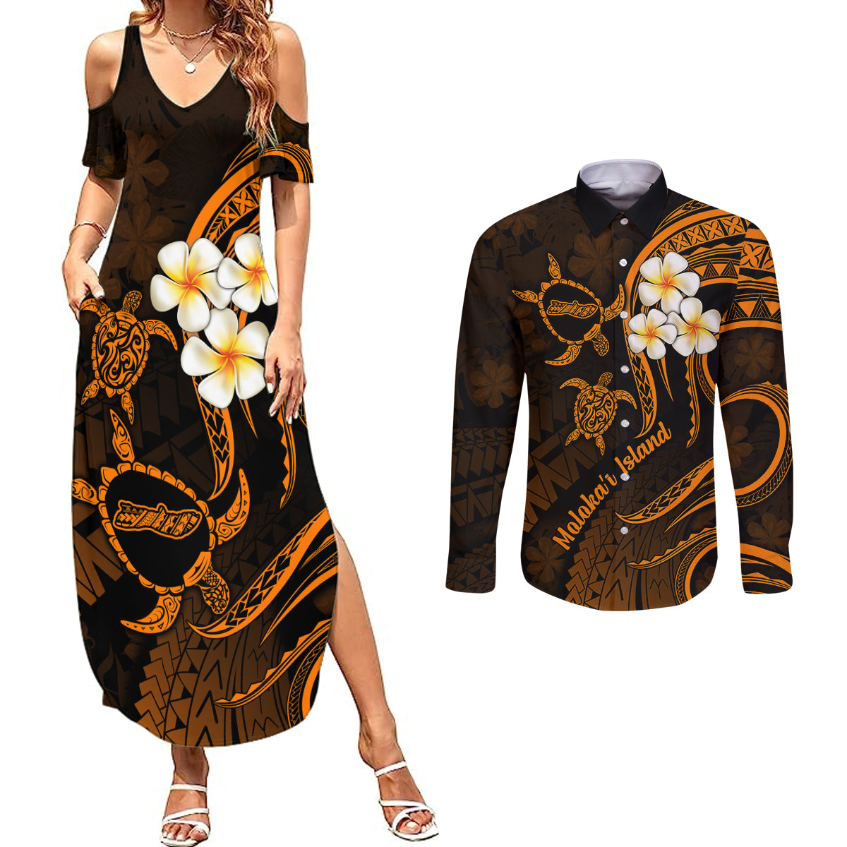 Hawaii Couples Summer Maxi Dress and Long Sleeve Button Shirts Molokai Islands Polynesian Sunset Plumeria Gold Vibe LT9 Gold - Polynesian Pride