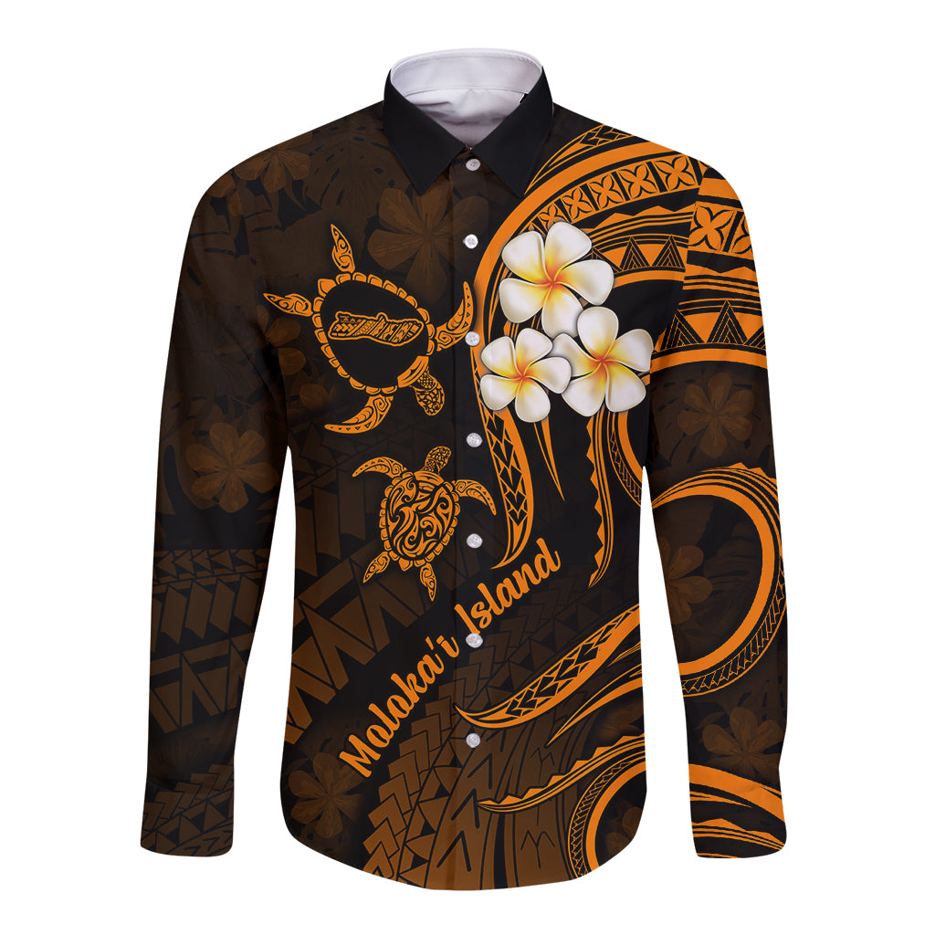 Hawaii Long Sleeve Button Shirt Molokai Islands Polynesian Sunset Plumeria Gold Vibe LT9 Unisex Gold - Polynesian Pride