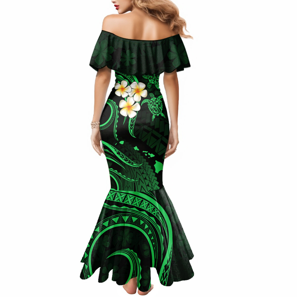 Hawaii Mermaid Dress Molokai Islands Polynesian Sunset Plumeria Green Vibe LT9 - Polynesian Pride