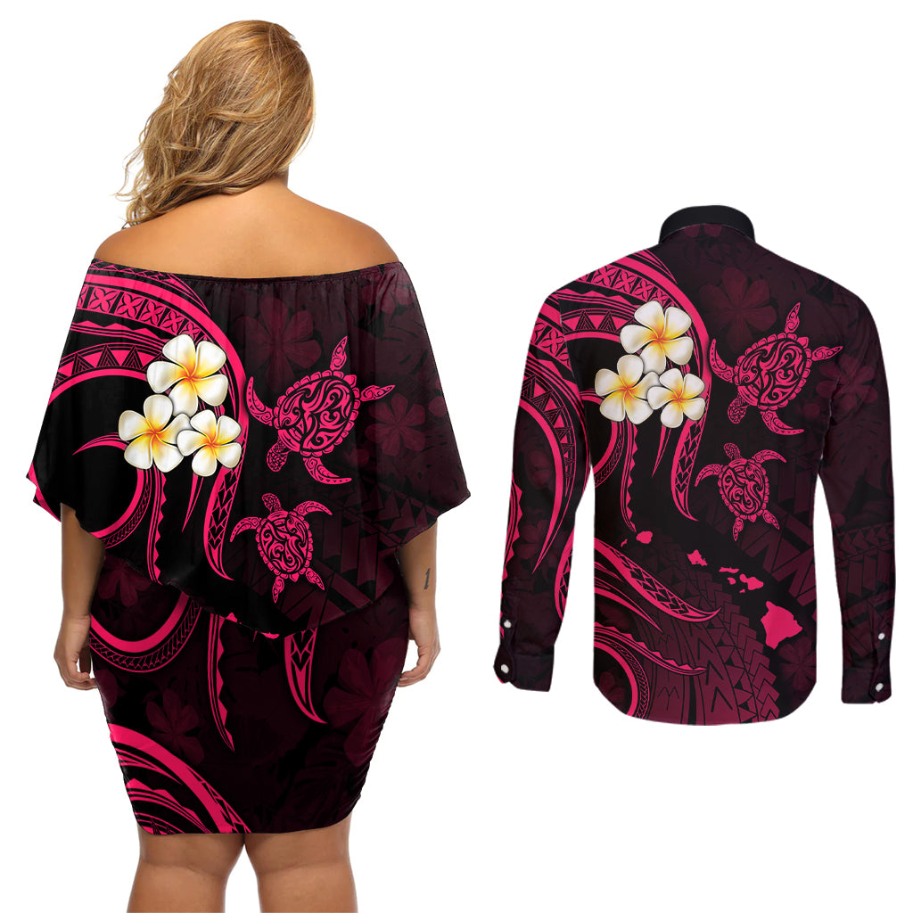 Hawaii Couples Off Shoulder Short Dress and Long Sleeve Button Shirts Molokai Islands Polynesian Sunset Plumeria Pink Vibe LT9 - Polynesian Pride