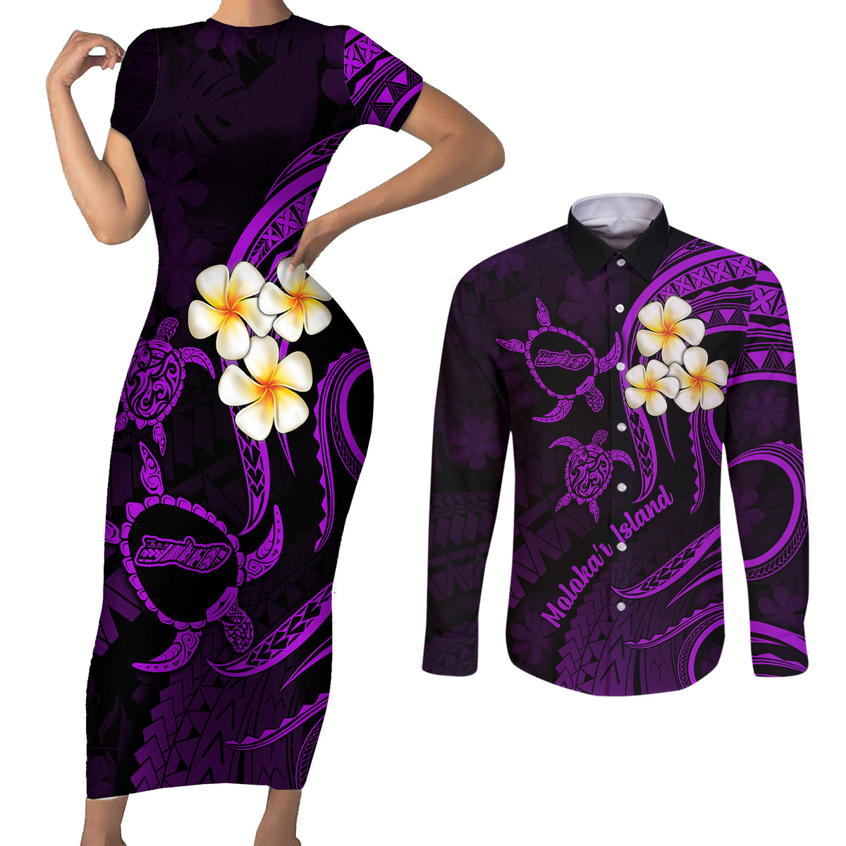 Polynesian Hawaii Couples Short Sleeve Bodycon Dress and Long Sleeve Button Shirts Molokai Islands with Pacific Plumeria Purple Vibe LT9 Purple - Polynesian Pride