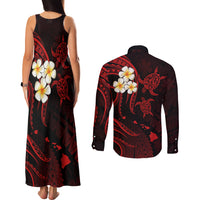 Polynesian Hawaii Couples Matching Tank Maxi Dress and Long Sleeve Button Shirts Molokai Islands with Pacific Plumeria Red Vibe LT9 - Polynesian Pride