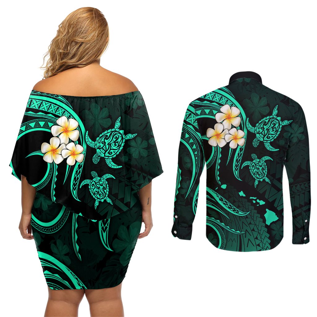 Polynesian Hawaii Couples Off Shoulder Short Dress and Long Sleeve Button Shirts Molokai Islands with Pacific Plumeria Turquoise Vibe LT9 - Polynesian Pride