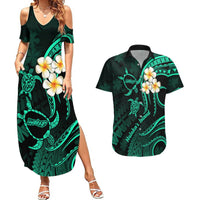 Polynesian Hawaii Couples Summer Maxi Dress and Hawaiian Shirt Molokai Islands with Pacific Plumeria Turquoise Vibe LT9 Turquoise - Polynesian Pride