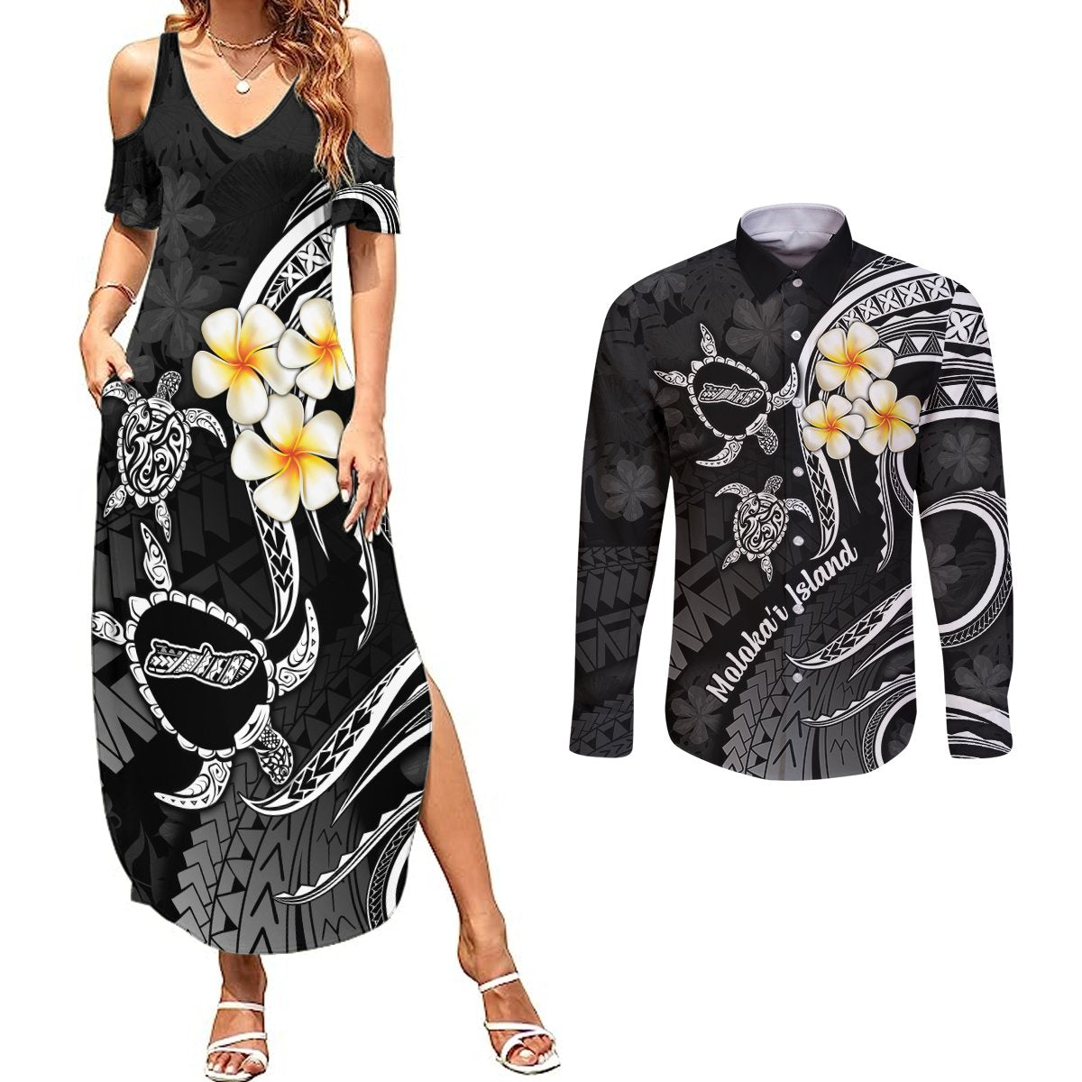 Polynesian Hawaii Couples Summer Maxi Dress and Long Sleeve Button Shirts Molokai Islands with Pacific Plumeria White Vibe LT9 White - Polynesian Pride