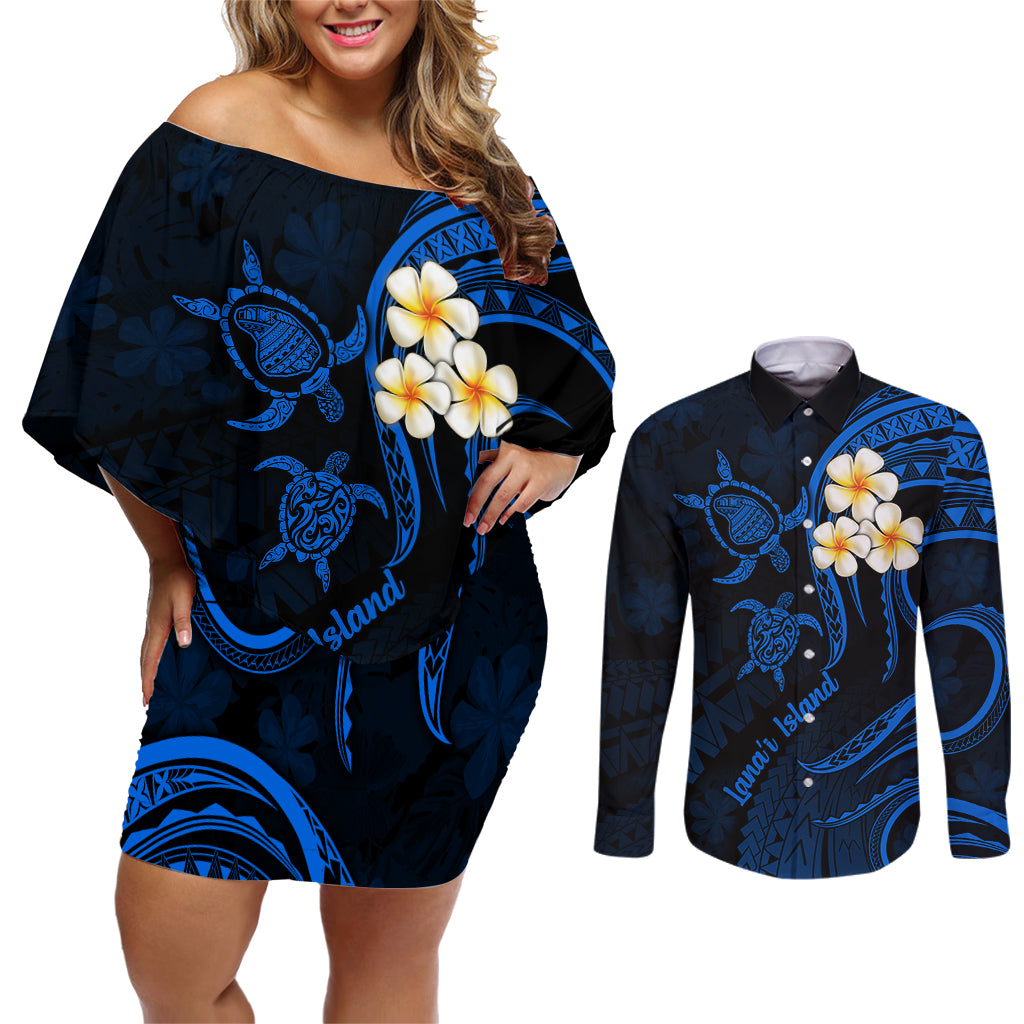 Hawaii Couples Off Shoulder Short Dress and Long Sleeve Button Shirts Lanai Islands Polynesian Sunset Plumeria Blue Vibe LT9 Blue - Polynesian Pride