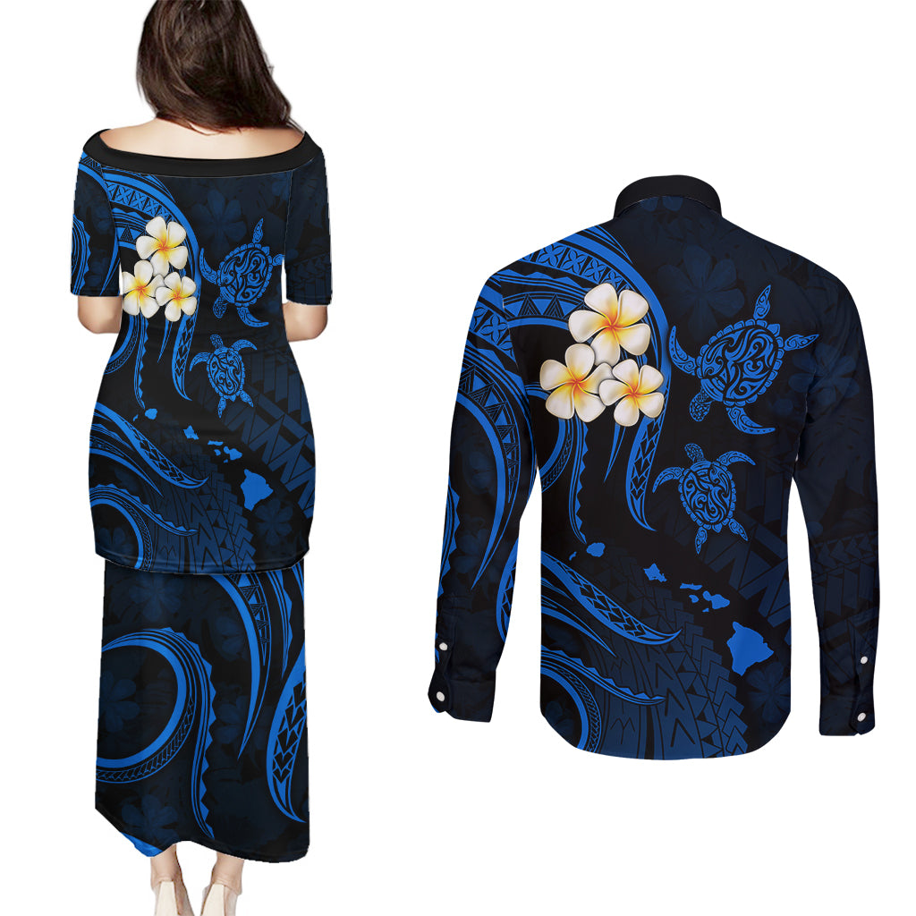 Hawaii Couples Puletasi Dress and Long Sleeve Button Shirts Lanai Islands Polynesian Sunset Plumeria Blue Vibe LT9 - Polynesian Pride