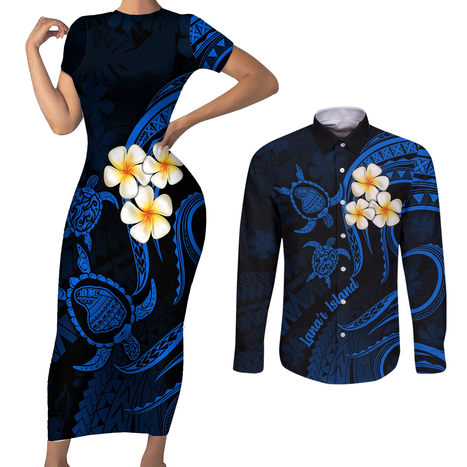 Hawaii Couples Short Sleeve Bodycon Dress and Long Sleeve Button Shirts Lanai Islands Polynesian Sunset Plumeria Blue Vibe LT9 Blue - Polynesian Pride