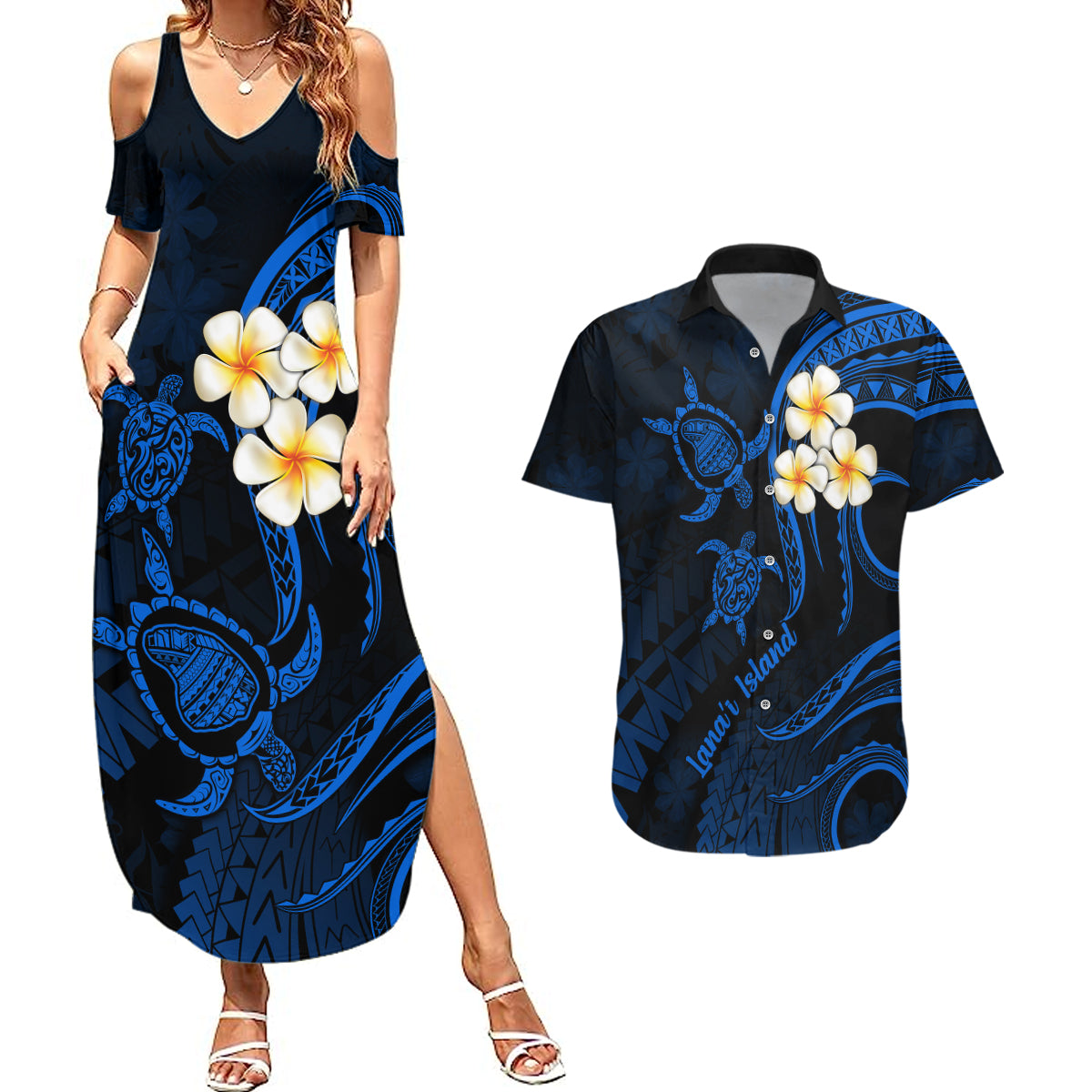 Hawaii Couples Summer Maxi Dress and Hawaiian Shirt Lanai Islands Polynesian Sunset Plumeria Blue Vibe LT9 Blue - Polynesian Pride