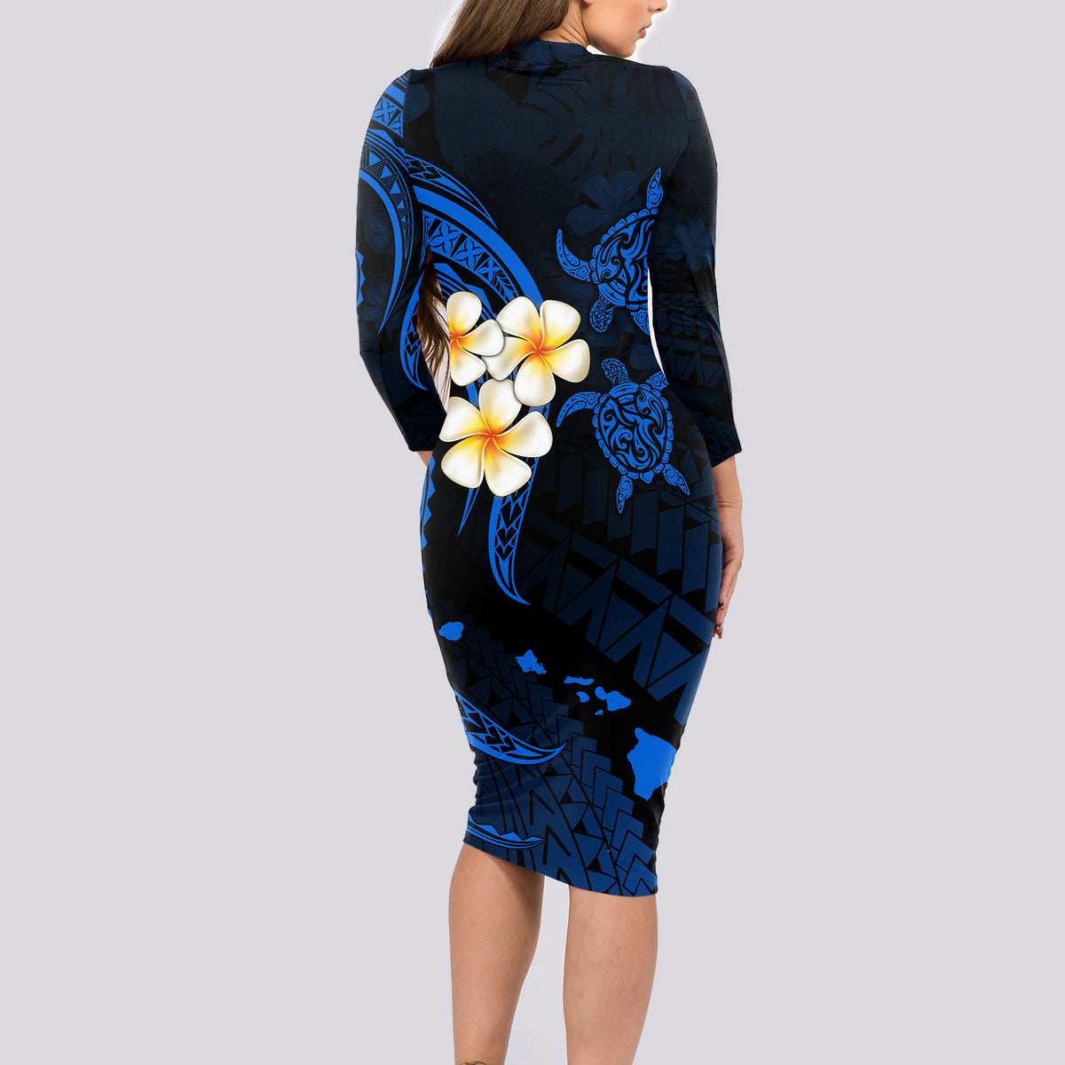 Hawaii Long Sleeve Bodycon Dress Lanai Islands Polynesian Sunset Plumeria Blue Vibe LT9 - Polynesian Pride