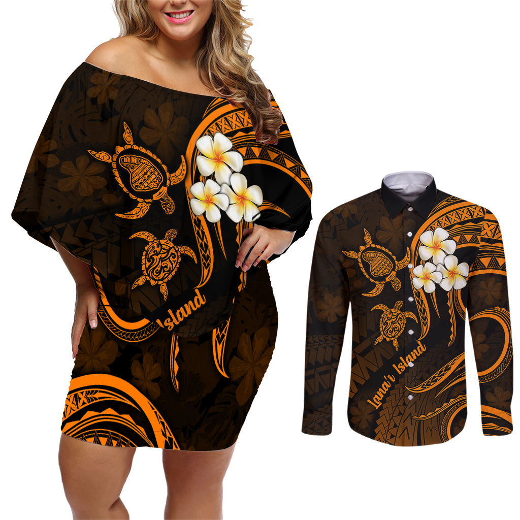 Hawaii Couples Off Shoulder Short Dress and Long Sleeve Button Shirts Lanai Islands Polynesian Sunset Plumeria Gold Vibe LT9 Gold - Polynesian Pride