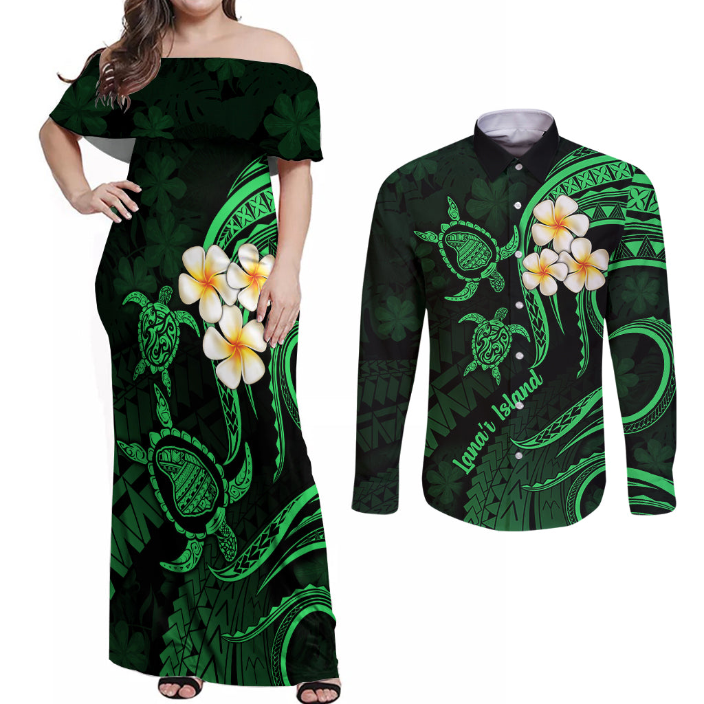 Hawaii Couples Off Shoulder Maxi Dress and Long Sleeve Button Shirts Lanai Islands Polynesian Sunset Plumeria Green Vibe LT9 Green - Polynesian Pride