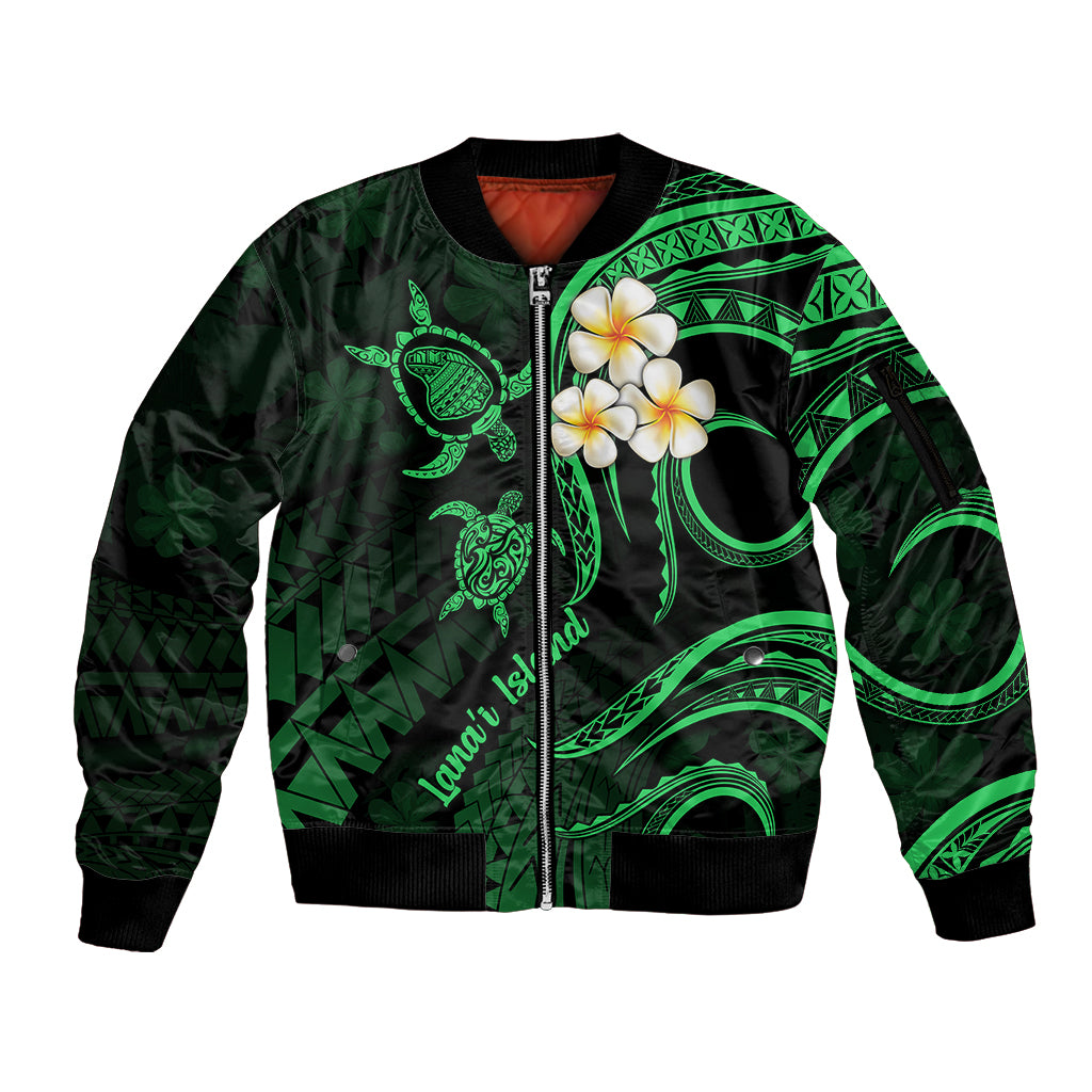 Hawaii Sleeve Zip Bomber Jacket Lanai Islands Polynesian Sunset Plumeria Green Vibe LT9 Unisex Green - Polynesian Pride