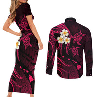 Hawaii Couples Short Sleeve Bodycon Dress and Long Sleeve Button Shirts Lanai Islands Polynesian Sunset Plumeria Pink Vibe LT9 - Polynesian Pride
