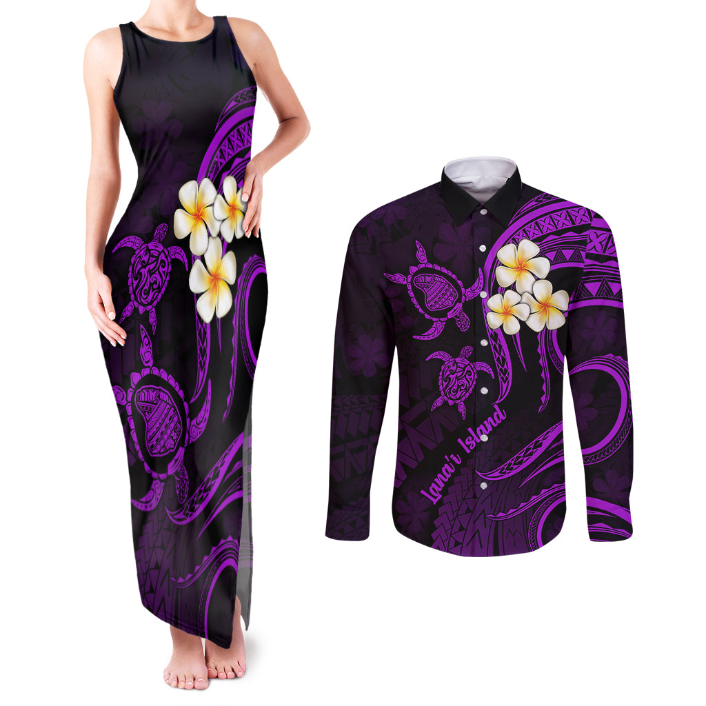 Polynesian Hawaii Couples Matching Tank Maxi Dress and Long Sleeve Button Shirts Lanai Islands with Pacific Plumeria Purple Vibe LT9 Purple - Polynesian Pride