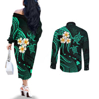 Polynesian Hawaii Couples Off The Shoulder Long Sleeve Dress and Long Sleeve Button Shirts Lanai Islands with Pacific Plumeria Turquoise Vibe LT9 - Polynesian Pride