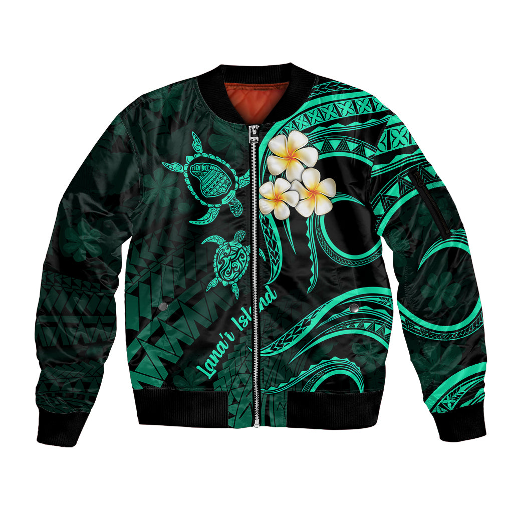Polynesian Hawaii Sleeve Zip Bomber Jacket Lanai Islands with Pacific Plumeria Turquoise Vibe LT9 Unisex Turquoise - Polynesian Pride