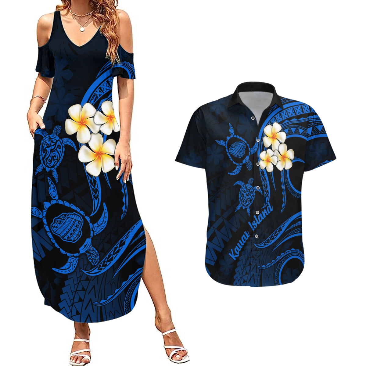 Hawaii Couples Summer Maxi Dress and Hawaiian Shirt Kauai Islands Polynesian Sunset Plumeria LT9 Blue - Polynesian Pride