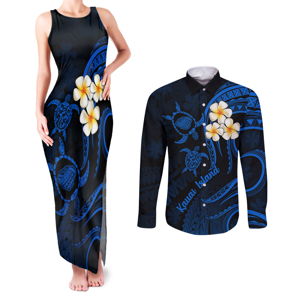 Hawaii Couples Matching Tank Maxi Dress and Long Sleeve Button Shirts Kauai Islands Polynesian Sunset Plumeria LT9 Blue - Polynesian Pride