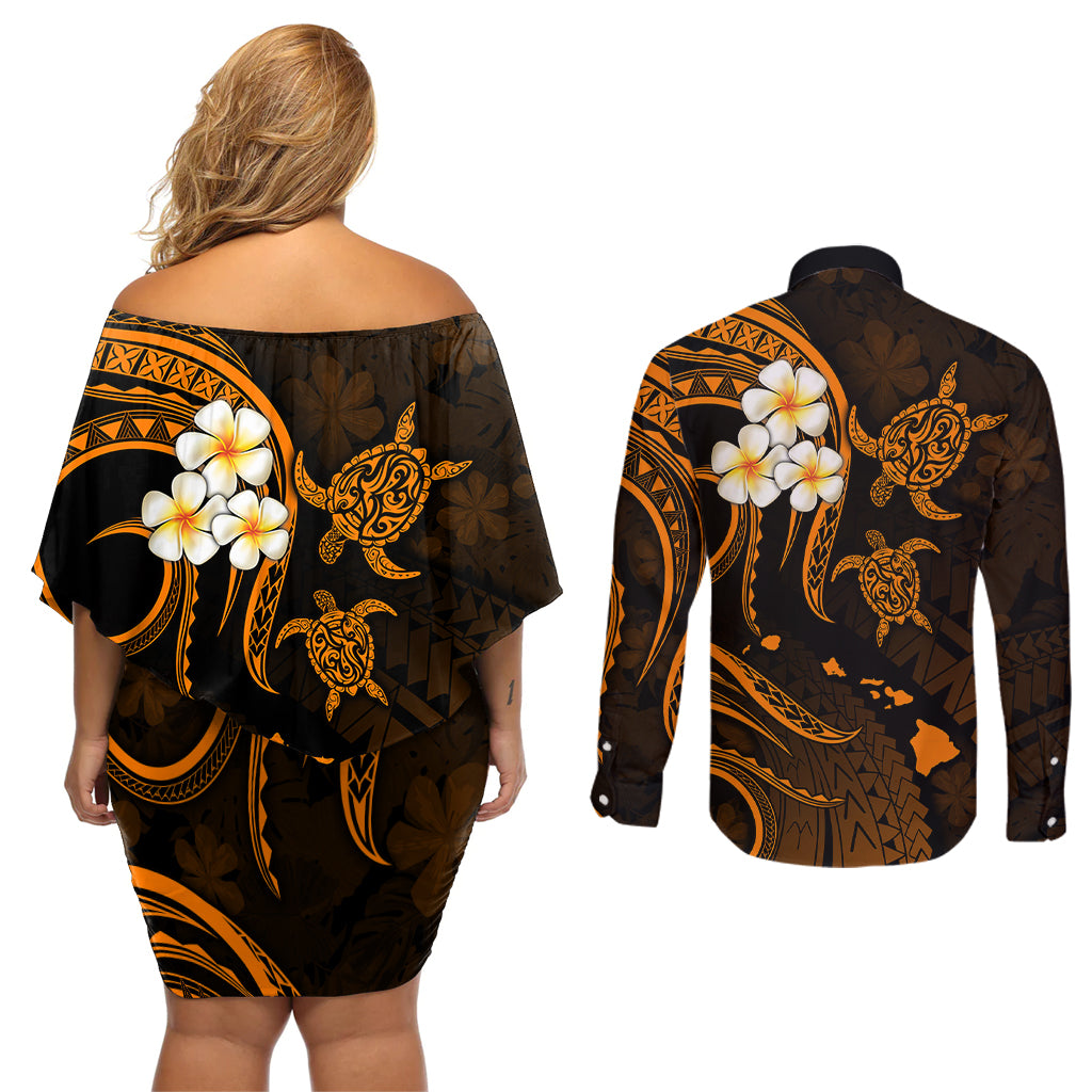 Hawaii Couples Off Shoulder Short Dress and Long Sleeve Button Shirts Kauai Islands Polynesian Sunset Plumeria Gold Vibe LT9 - Polynesian Pride