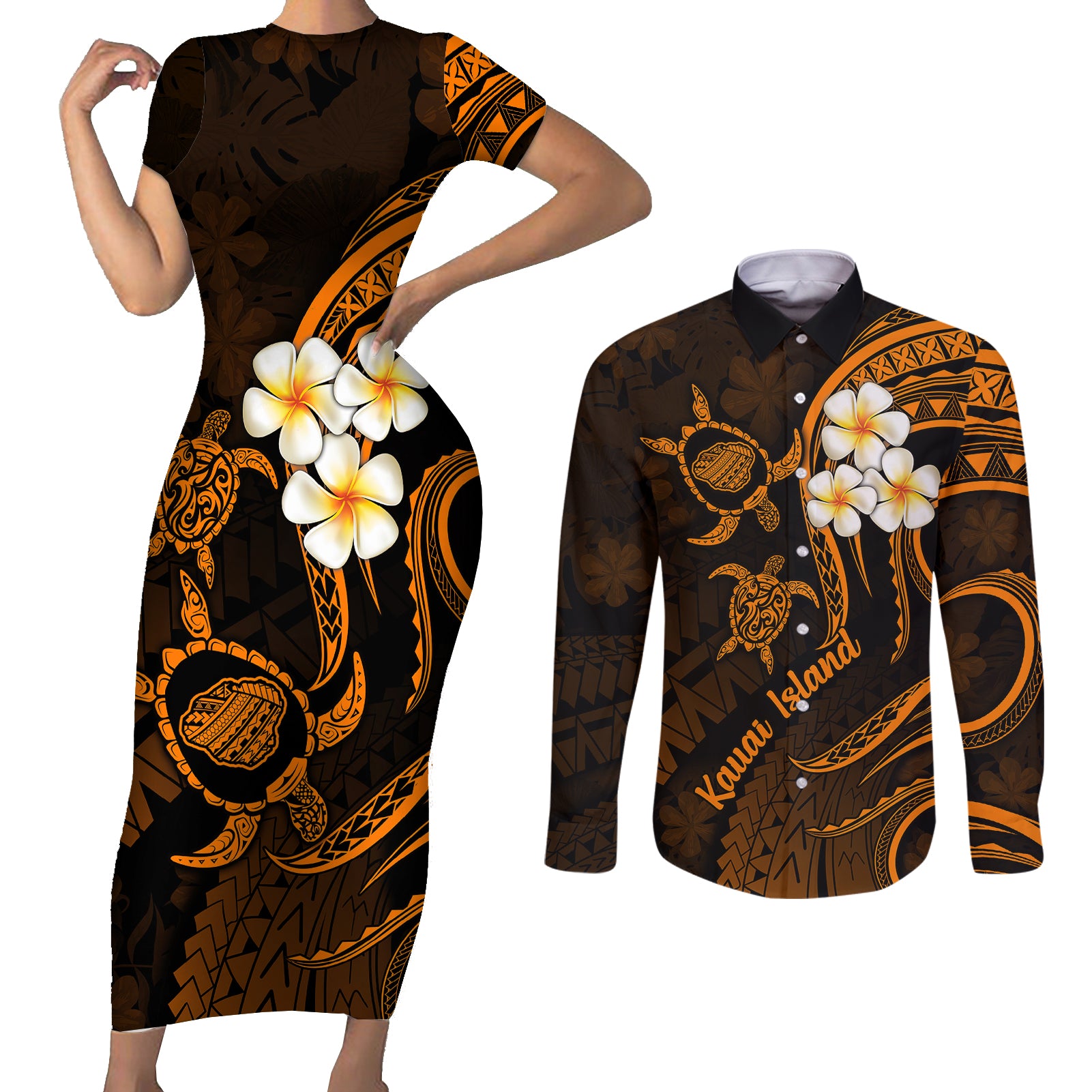Hawaii Couples Short Sleeve Bodycon Dress and Long Sleeve Button Shirts Kauai Islands Polynesian Sunset Plumeria Gold Vibe LT9 Gold - Polynesian Pride