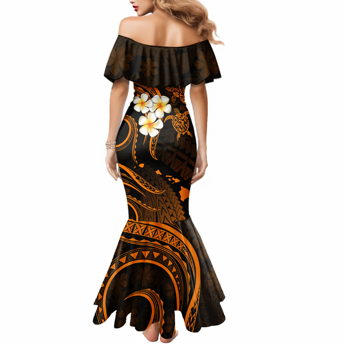Hawaii Mermaid Dress Kauai Islands Polynesian Sunset Plumeria Gold Vibe LT9 - Polynesian Pride