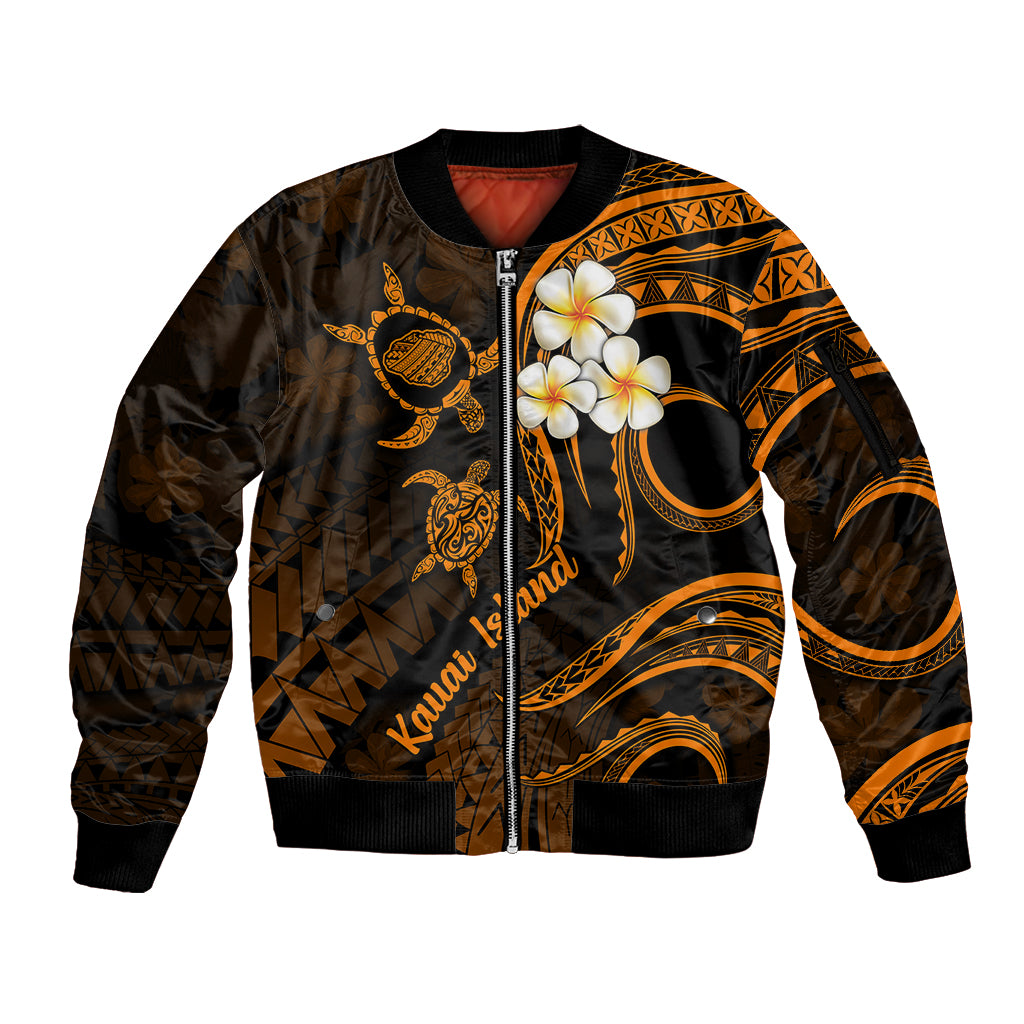 Hawaii Sleeve Zip Bomber Jacket Kauai Islands Polynesian Sunset Plumeria Gold Vibe LT9 Unisex Gold - Polynesian Pride