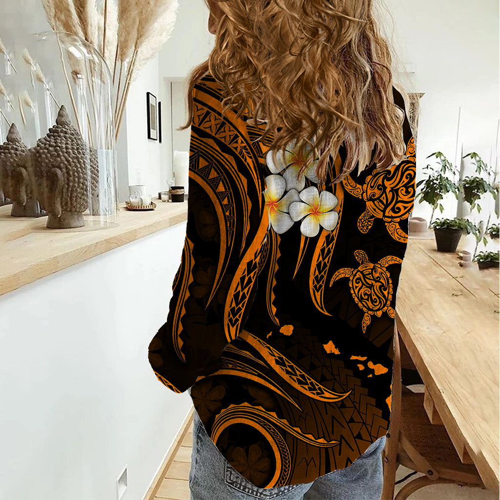Hawaii Women Casual Shirt Kauai Islands Polynesian Sunset Plumeria Gold Vibe LT9 - Polynesian Pride