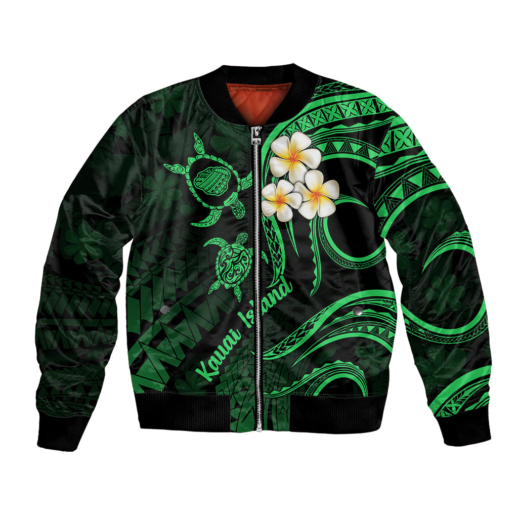 Hawaii Bomber Jacket Kauai Islands Polynesian Sunset Plumeria Green Vibe LT9 Unisex Green - Polynesian Pride