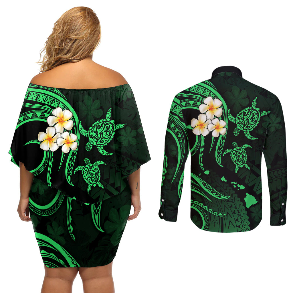 Hawaii Couples Off Shoulder Short Dress and Long Sleeve Button Shirts Kauai Islands Polynesian Sunset Plumeria Green Vibe LT9 - Polynesian Pride