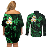 Hawaii Couples Off Shoulder Short Dress and Long Sleeve Button Shirts Kauai Islands Polynesian Sunset Plumeria Green Vibe LT9 - Polynesian Pride