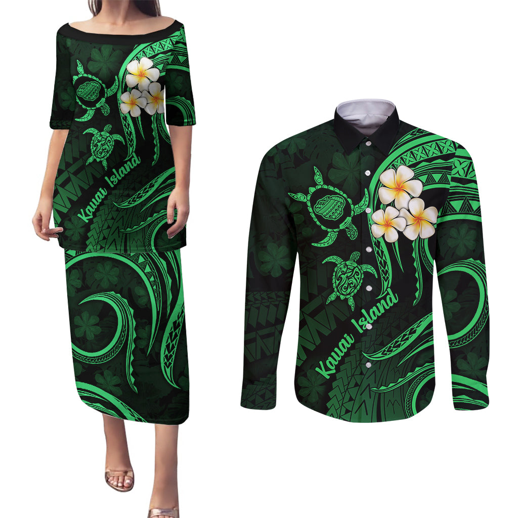 Hawaii Couples Puletasi Dress and Long Sleeve Button Shirts Kauai Islands Polynesian Sunset Plumeria Green Vibe LT9 Green - Polynesian Pride