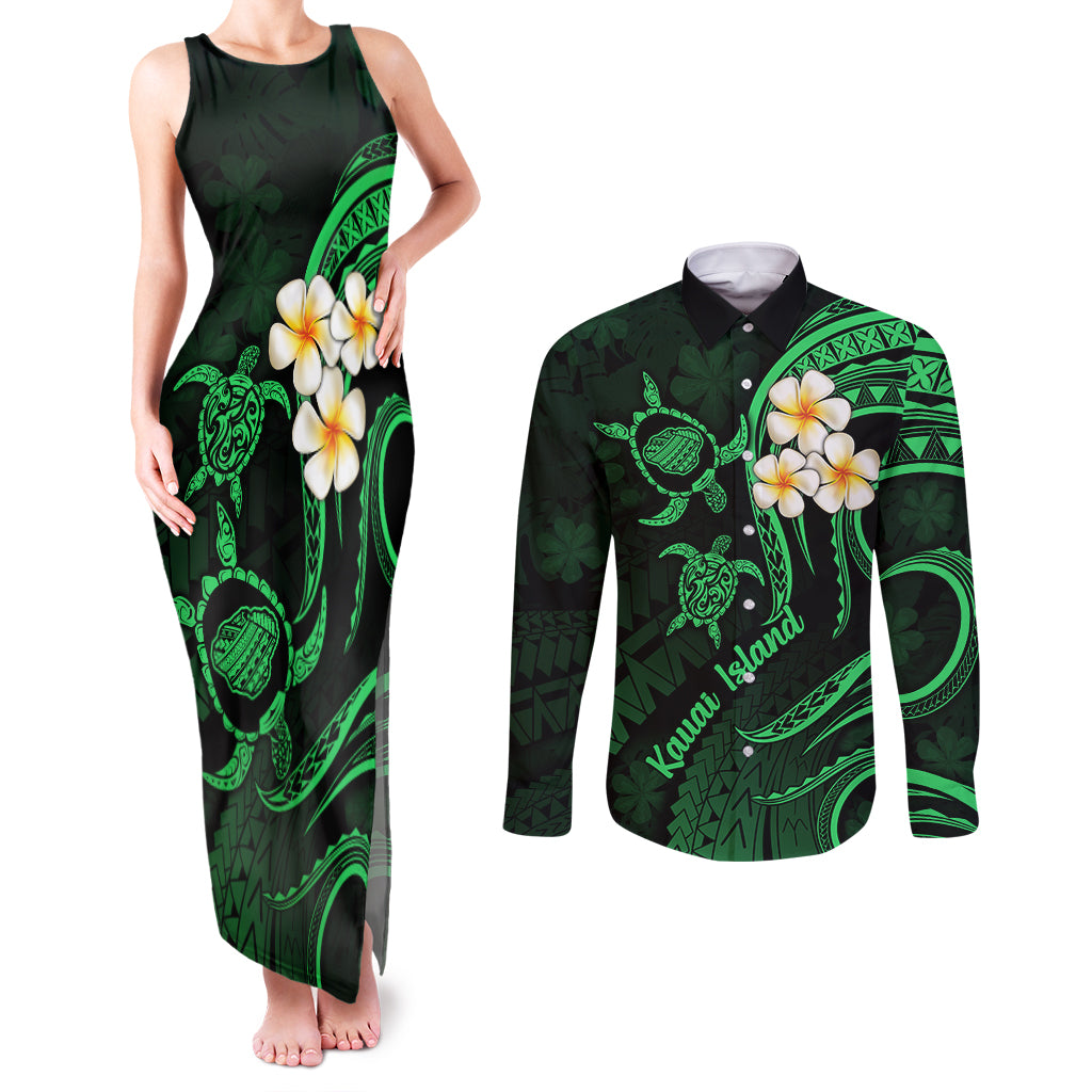 Hawaii Couples Matching Tank Maxi Dress and Long Sleeve Button Shirts Kauai Islands Polynesian Sunset Plumeria Green Vibe LT9 Green - Polynesian Pride